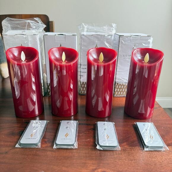 Set of 4 Luminara flameless battery Pillar Candles red 7 inch with Remotes NEW - Picture 1 of 3